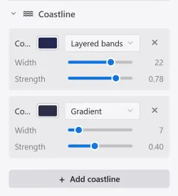 The Coastline section in the left panel, with a color, style, width, and strength per effect and an add coastline effect button below.