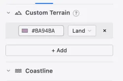 The Custom Terrain area in the left panel, with one terrain slot and the add button.
