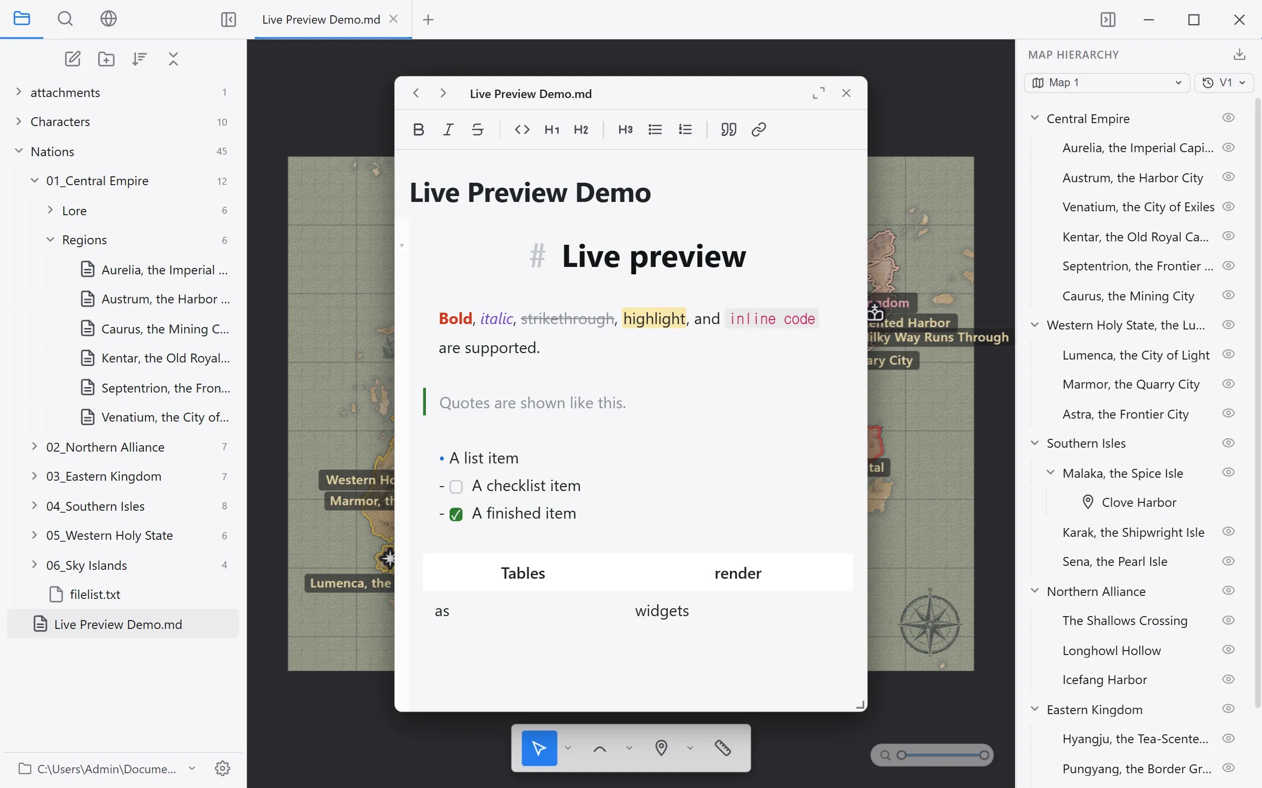 The editor as a floating panel, placed and sized freely over the map.