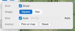 The grid settings popup with Show, Shape, Size, and Anchor controls.