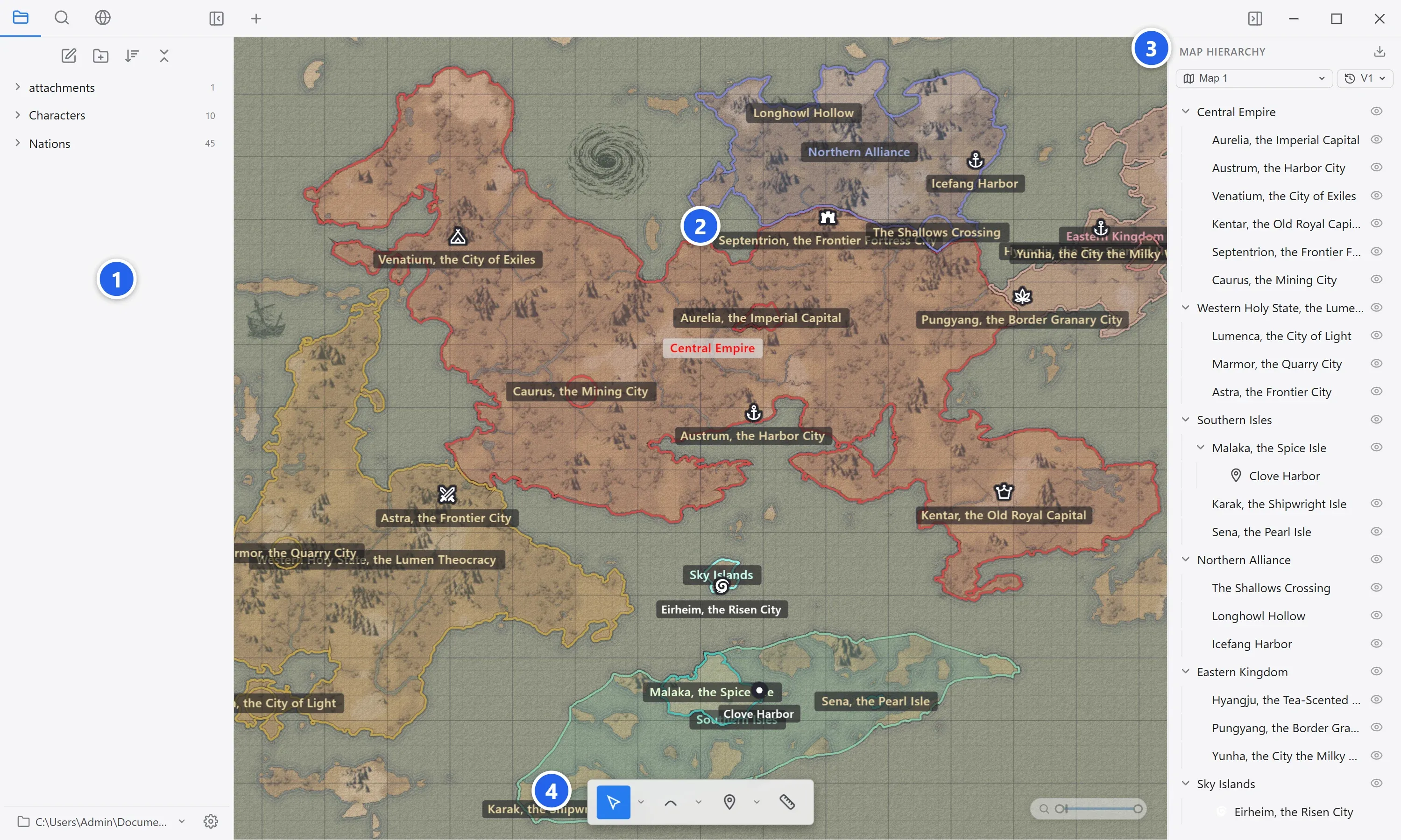The World Note layout, with numbers on the left panel, the map canvas, the right panel, and the bottom toolbar.