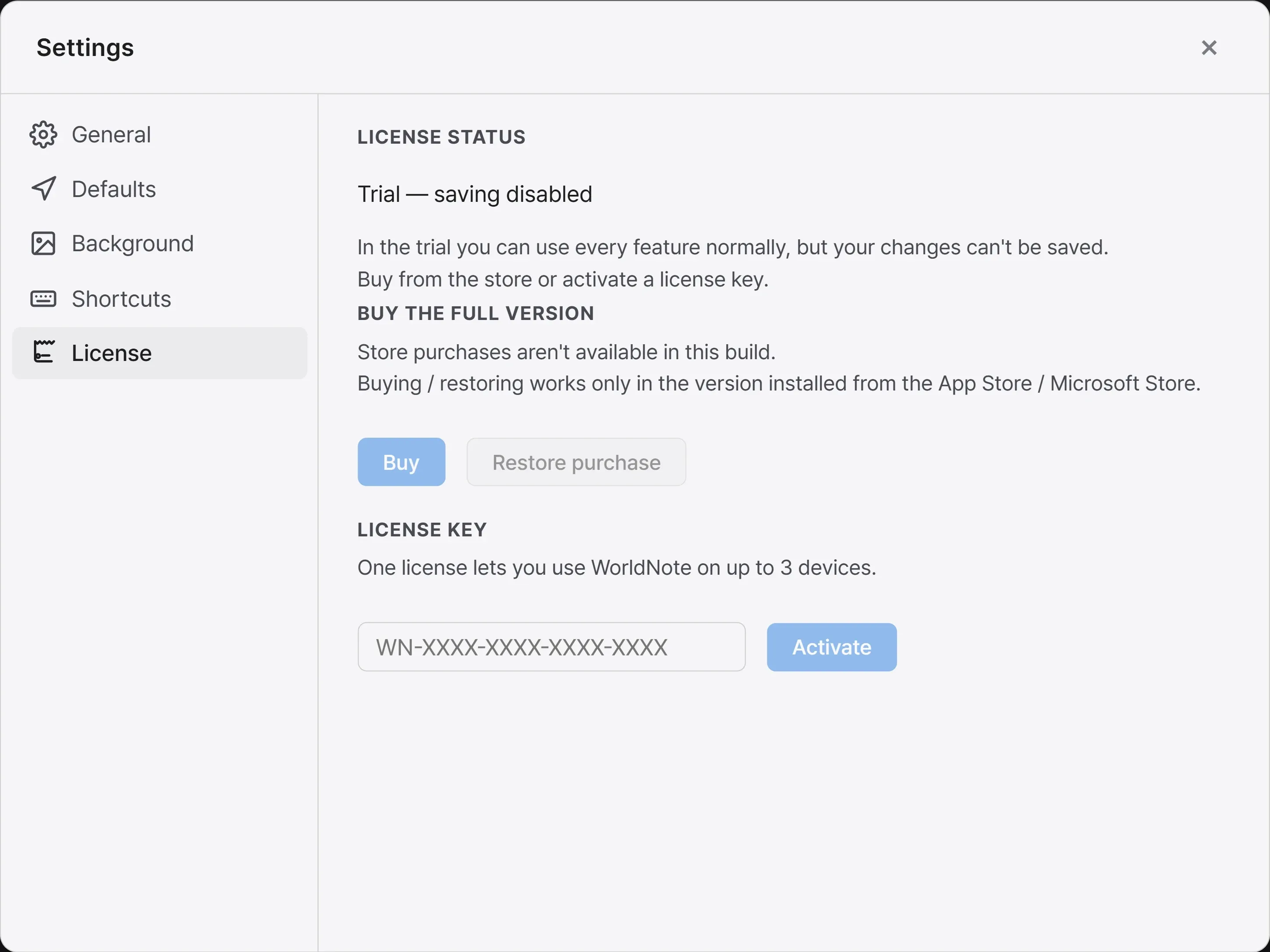 The License tab in Settings, with the license status, the license key field, and the store purchase buttons.