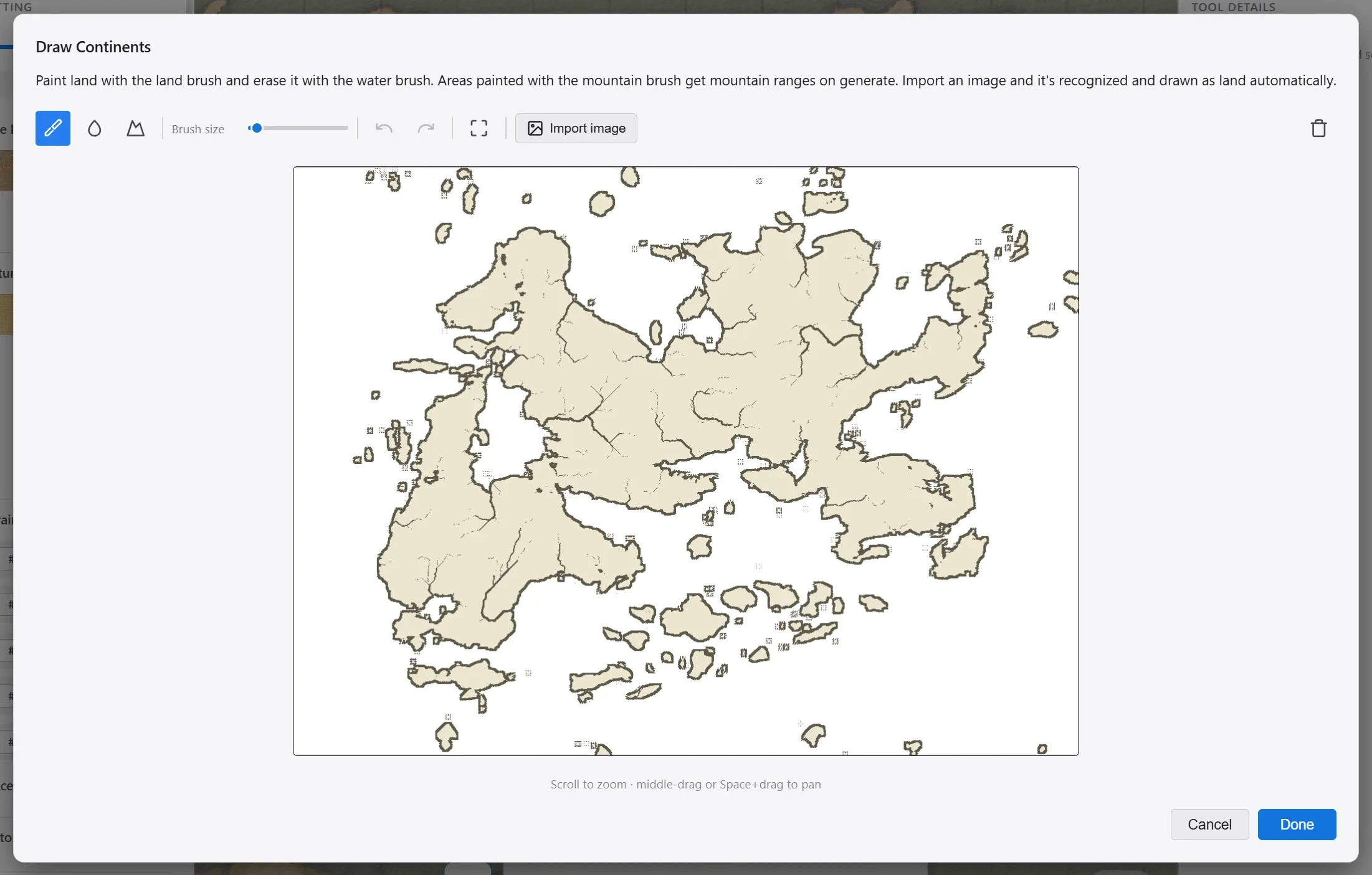 The Draw Continents editor with a hand-painted continent draft, brush controls, and the Import image button.