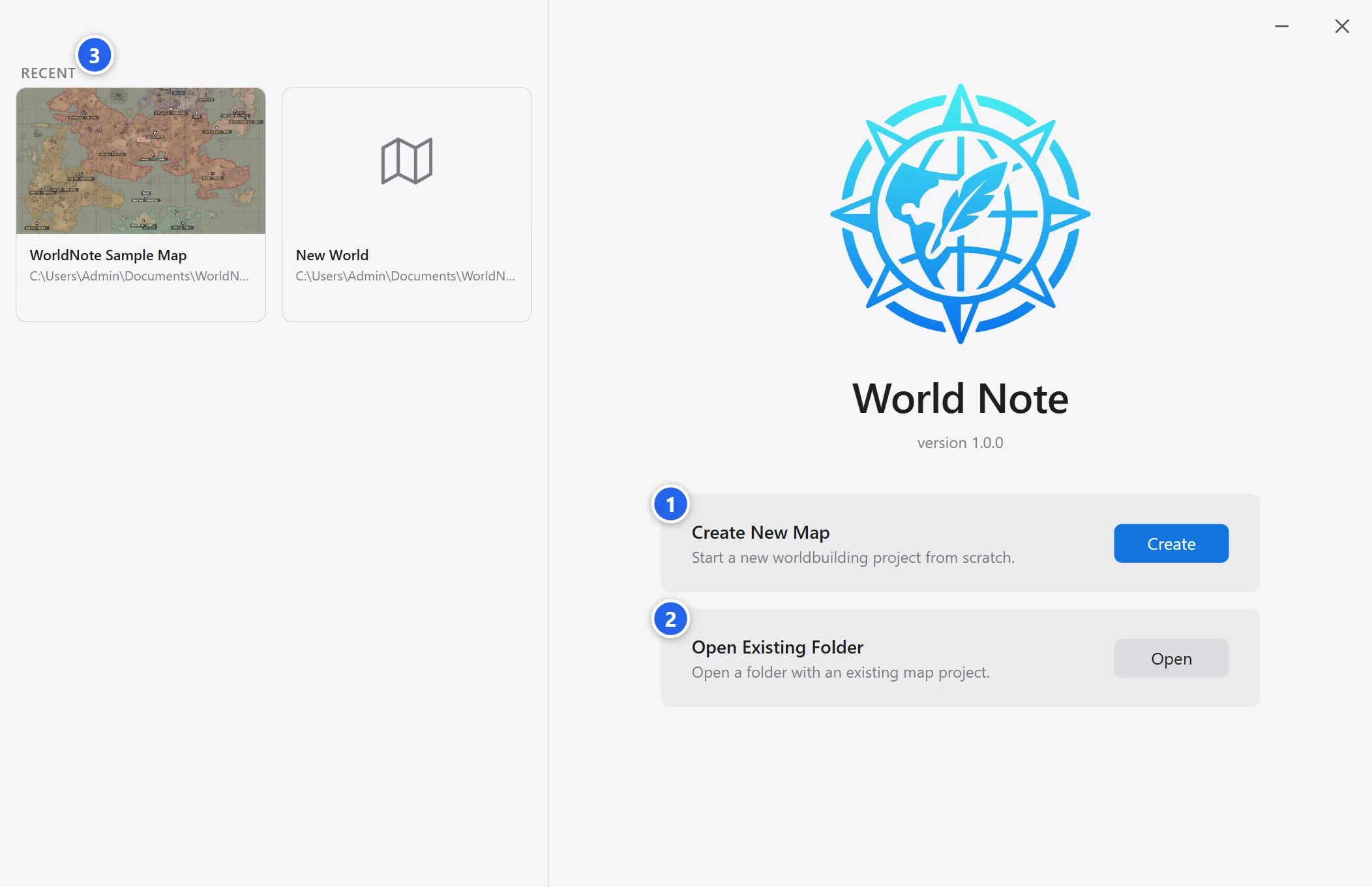 The World Note welcome screen, with Create New Map and Open Existing Folder on the right and Recent projects on the left.
