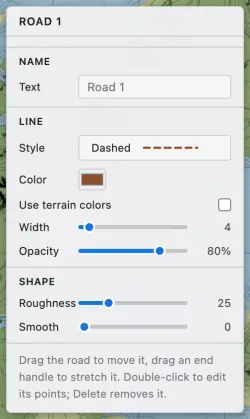 The floating road style panel with name, line style, color, width, opacity, roughness, and smooth controls.