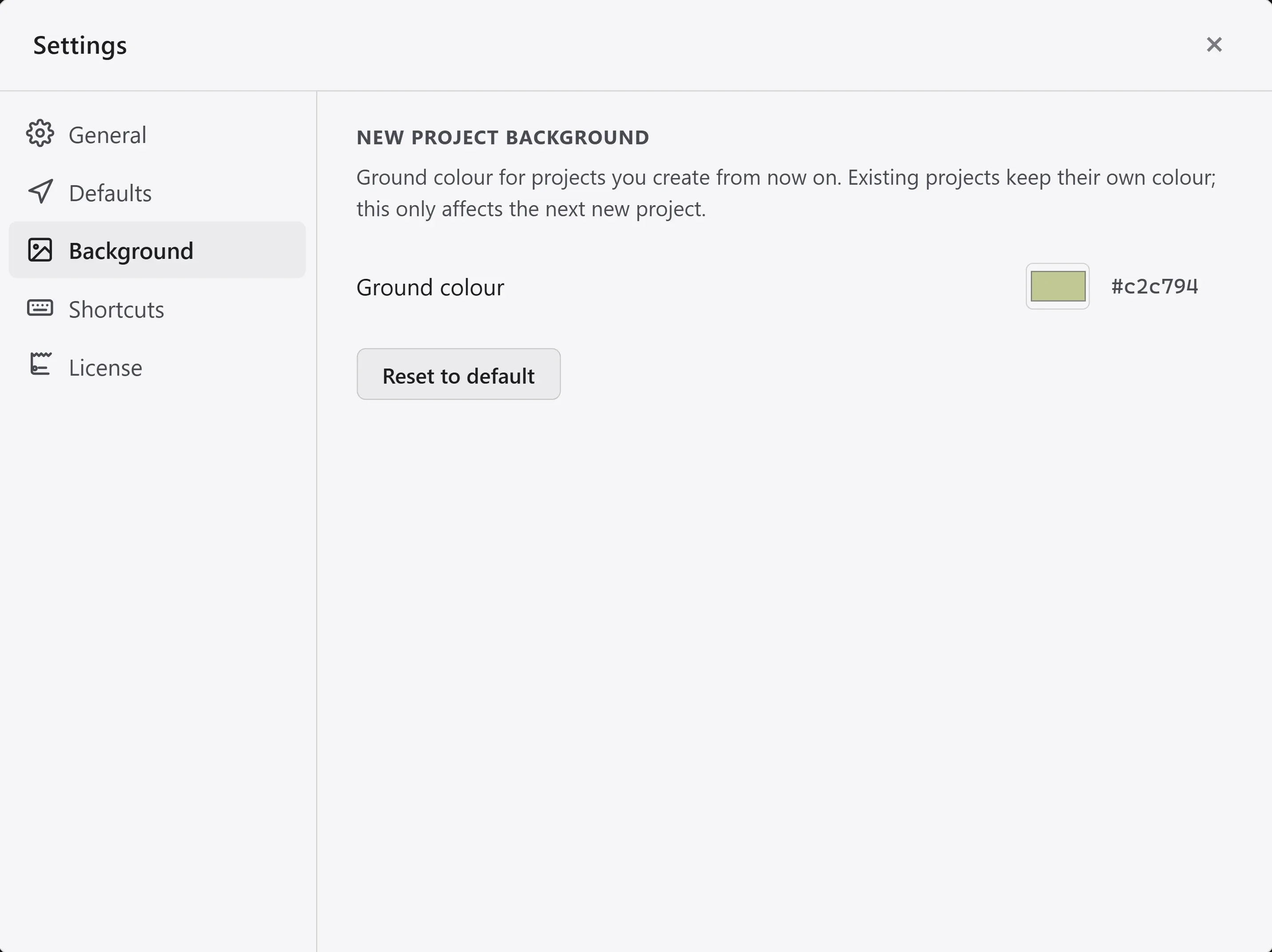 The Background tab in Settings, with the ground color item for new projects.