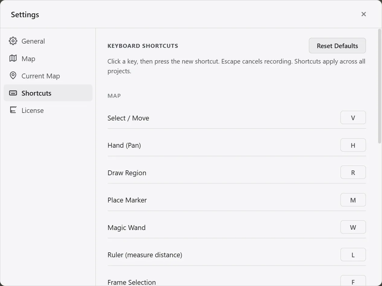 The Shortcuts tab in Settings, listing the per-tool shortcut entries grouped into Map and Background Editor.