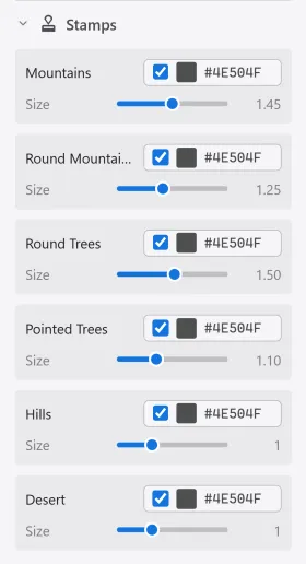 The Stamps section in the left panel, with a colorize toggle, color, and size slider per category.