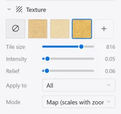 The Texture section in the left panel, with texture tiles and the tiling, intensity, relief, scope, and mode controls.