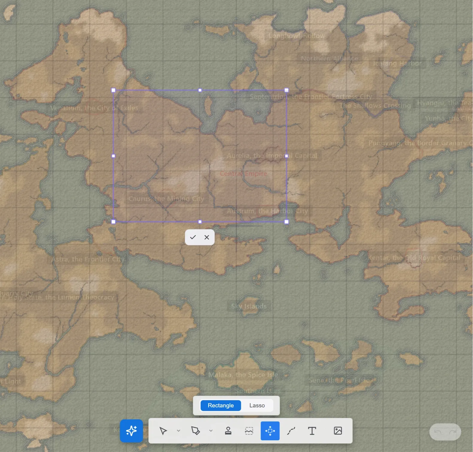 A selection made with the Move/Scale Terrain tool, with corner and edge handles, the confirm and cancel buttons below it, and the Rectangle and Lasso buttons above the toolbar.